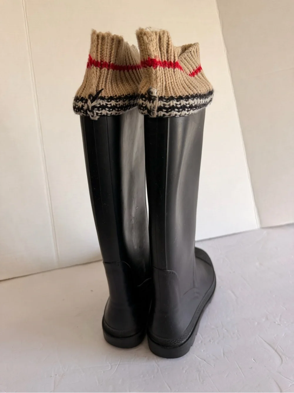 Burberry Black Rain Boots with Beige Knit Cuff and Red Accent